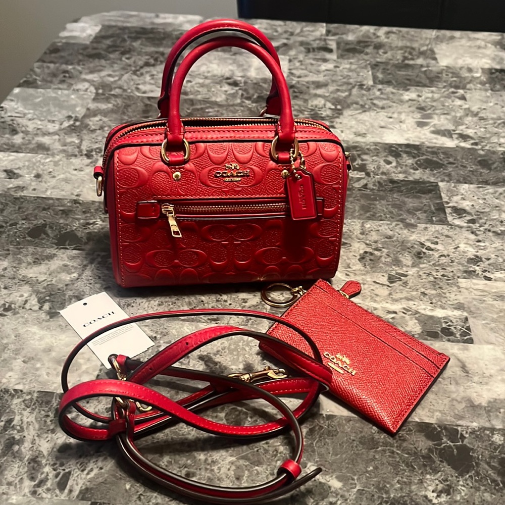 Authentic Red mini Coach Rowan and card case